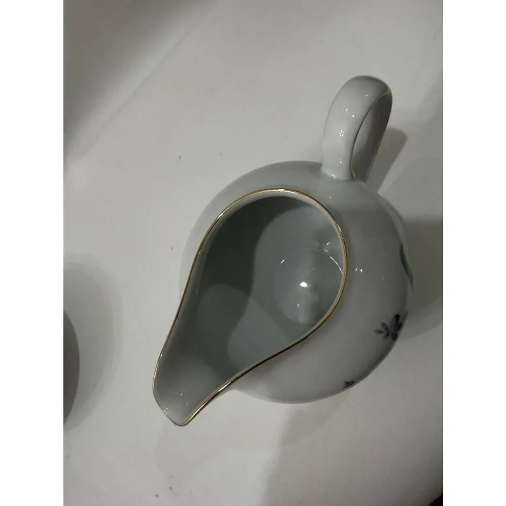 R KPM Krister Germany White Porcelain Creamer Sugar Bowl Tea Set Purple Floral